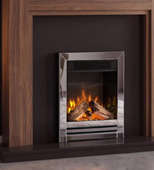 Wooden fireplace mantel with a black electric fire in a contemporary living room.