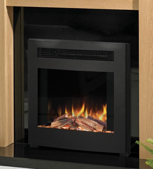 Wooden fireplace mantel with a black electric fire - small image