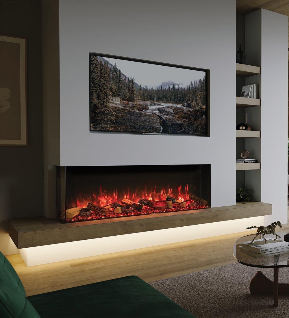 Avanti 150RW with Split Oak Log effect installed as a two sided corner fire. Shown with optional Mood Lighting System