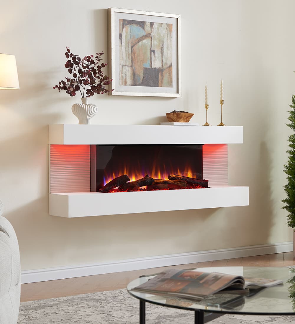 Blazebright Amba Wall Mounted Electric Fireplace Suite shown in a modern living room with neutral decor