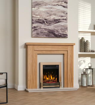 Dimplex Elva Optiflame Inset Electric Fire in Neo Gold shown in a wooden fireplace with a micromarble hearth and back panel.