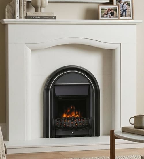 Close up of Flare Abbey Inset Electric Fire shown with the Elgin & Hall Sophia micro marble fireplace installed in a modern transitional living room.