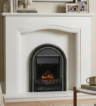 Close up of Flare Abbey Inset Electric Fire shown with the Elgin & Hall Sophia micro marble fireplace installed in a modern transitional living room.