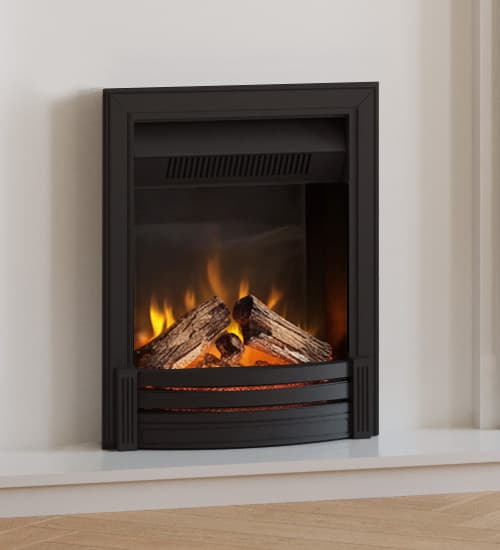 A black electric fire in white fireplace mantel