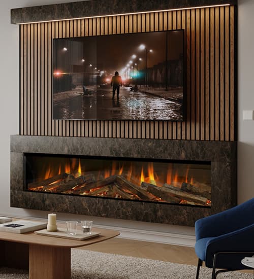 Modern living room featuring a wide built-in electric fire with a realistic log fuel bed and flame display, set within a marble-effect media wall beneath a wall-mounted TV.