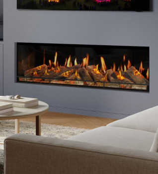 Evonic Genesis 1500 Built-in Electric Fire installed with a TV above on a grey wall with shelving either side
