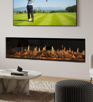 Genesis 1860 Built-in Electric fire installed into a beige wall with shelving and wall mounted TV