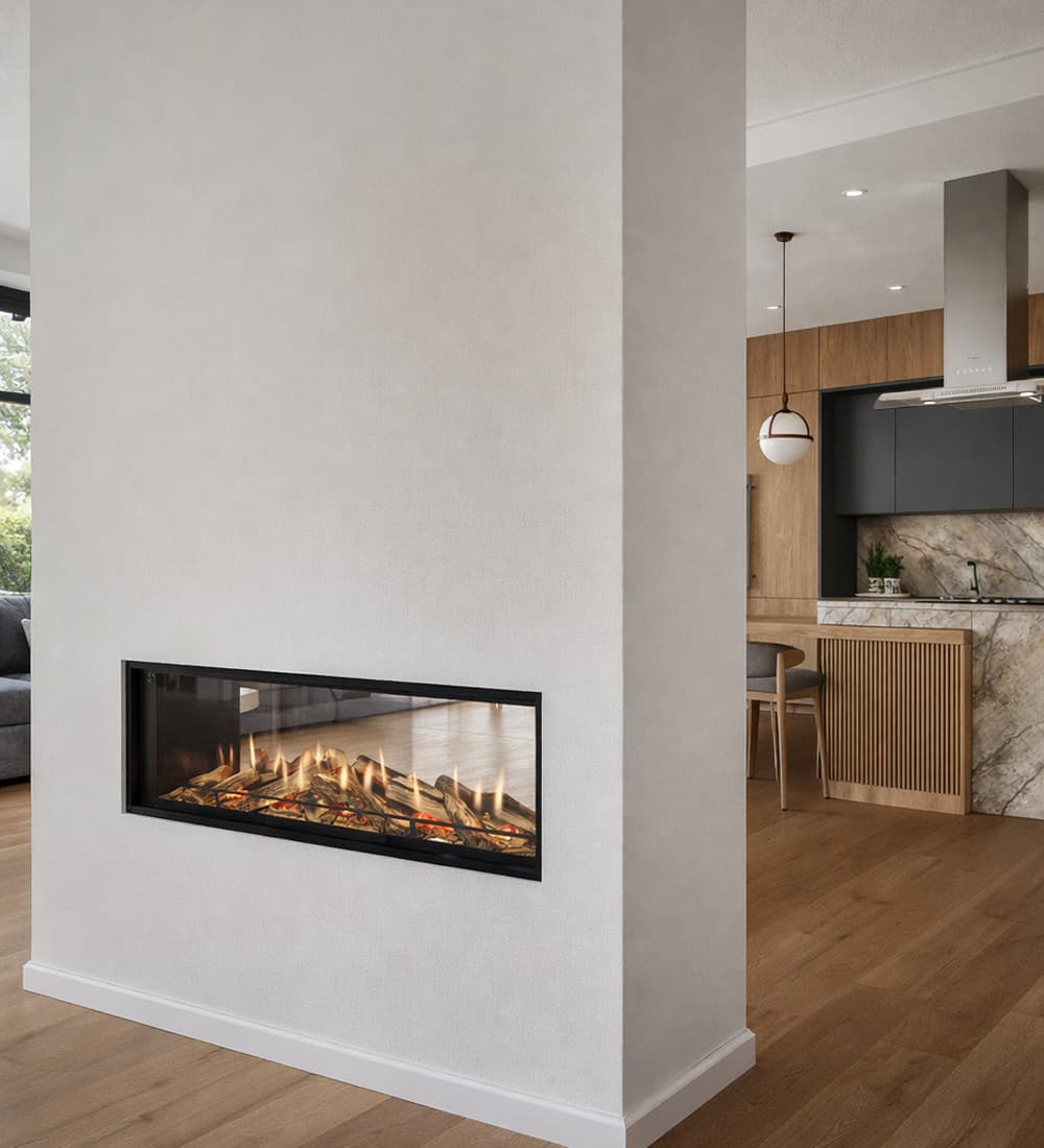 Evonic Octane 1030 DS Built-In Electric Fire shown as a focal point between two open plan roms