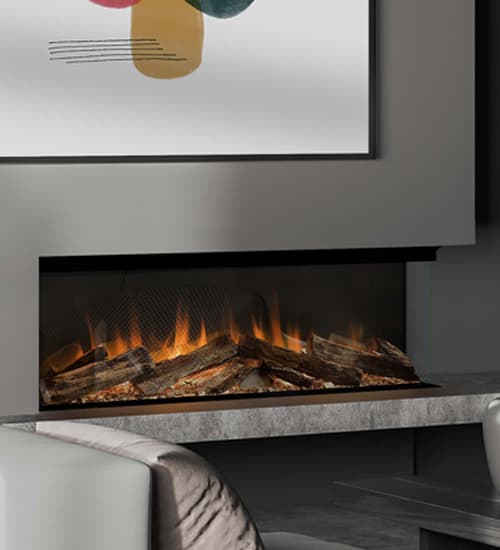 A contemporary built-in electric fire set within a light grey fireplace surround, with flames and realistic log-effect fuel bed.