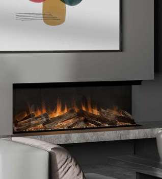 A contemporary built-in electric fire set within a light grey fireplace surround, with flames and realistic log-effect fuel bed.