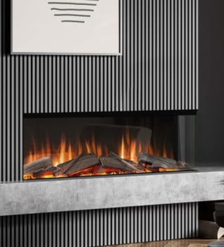 A contemporary built-in electric fire set within a light grey media wall, with flames and realistic log-effect fuel bed.