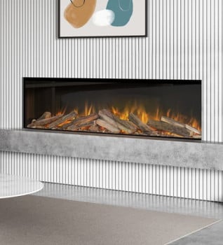 A wide built-in electric fire with a realistic log-effect fuel bed and flames, set within a contemporary grey wall and surrounded by minimalist furnishings.