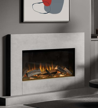 A contemporary built-in electric fire set within a light grey fireplace surround, with flames and realistic log-effect fuel bed.