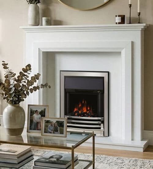 Flare Aspen Electric Fire shown installed in the Elgin & Hall Newburgh micromarble fireplace fitted in a light and modern uk home