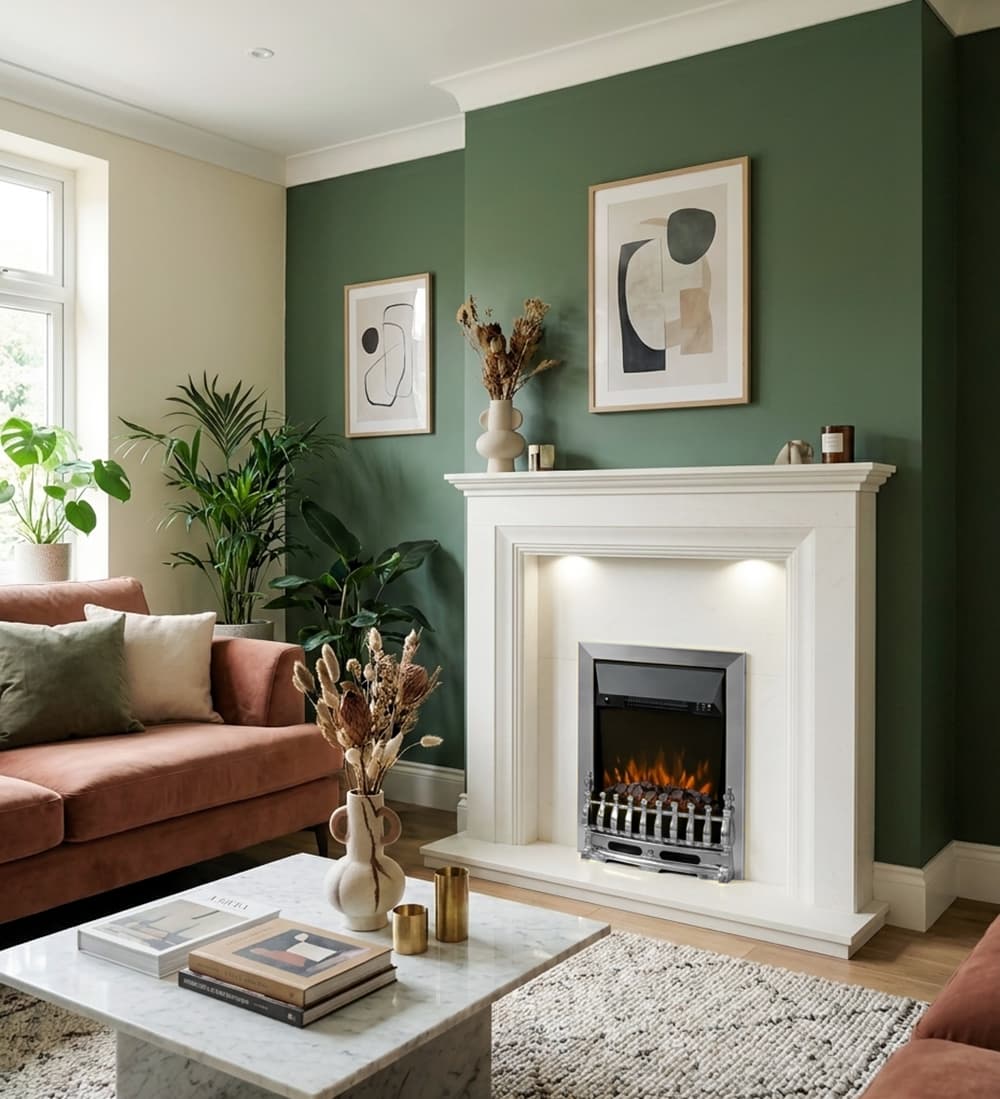 Flare Bayden electric fire in chrome fitted inside the Elgin & Hall Odella Micro Marble fireplace, installed in a modern uk home with deep green walls.