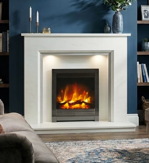 Flare Beam Edge 16 inch inset electric fire in black nickel with the Elgin & Hall Mosello micro marble fireplace shown against an ink blue chimney breast with dark wood shelving on either side