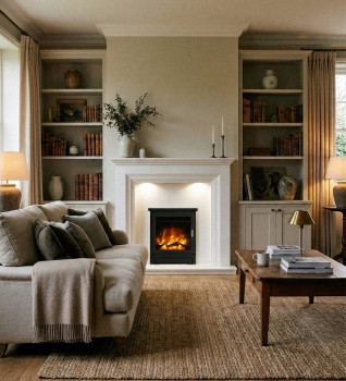 Flare Beam 16-inch inset electric fire with stove front installed in the Elgin & Hall Odella micro marble fireplace in a traditional UK home with neutral decor