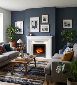 Flare Beam 22 Inch Inset electric fire in Black Nickel shown fitted with the Elgin & Hall Vitalia Micro Marble fireplace in White, in a charming UK living room with navy walls and chimney breast