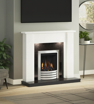 Flare Elda Micro Marble FIreplace in White & Black shown with downlights in a modern living room