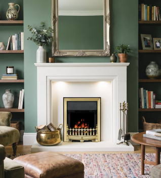 Flare Fazer inset electric fire in brass fitted within the Elgin & hall Amorina white micro marble fireplace in a colourful heritage style UK home