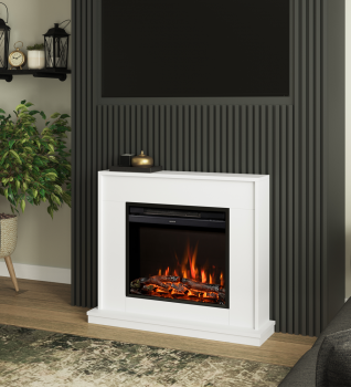 Salehurst Electric Fireplace Suite - Shown on a dark acoustic wood wall in a modern setting room