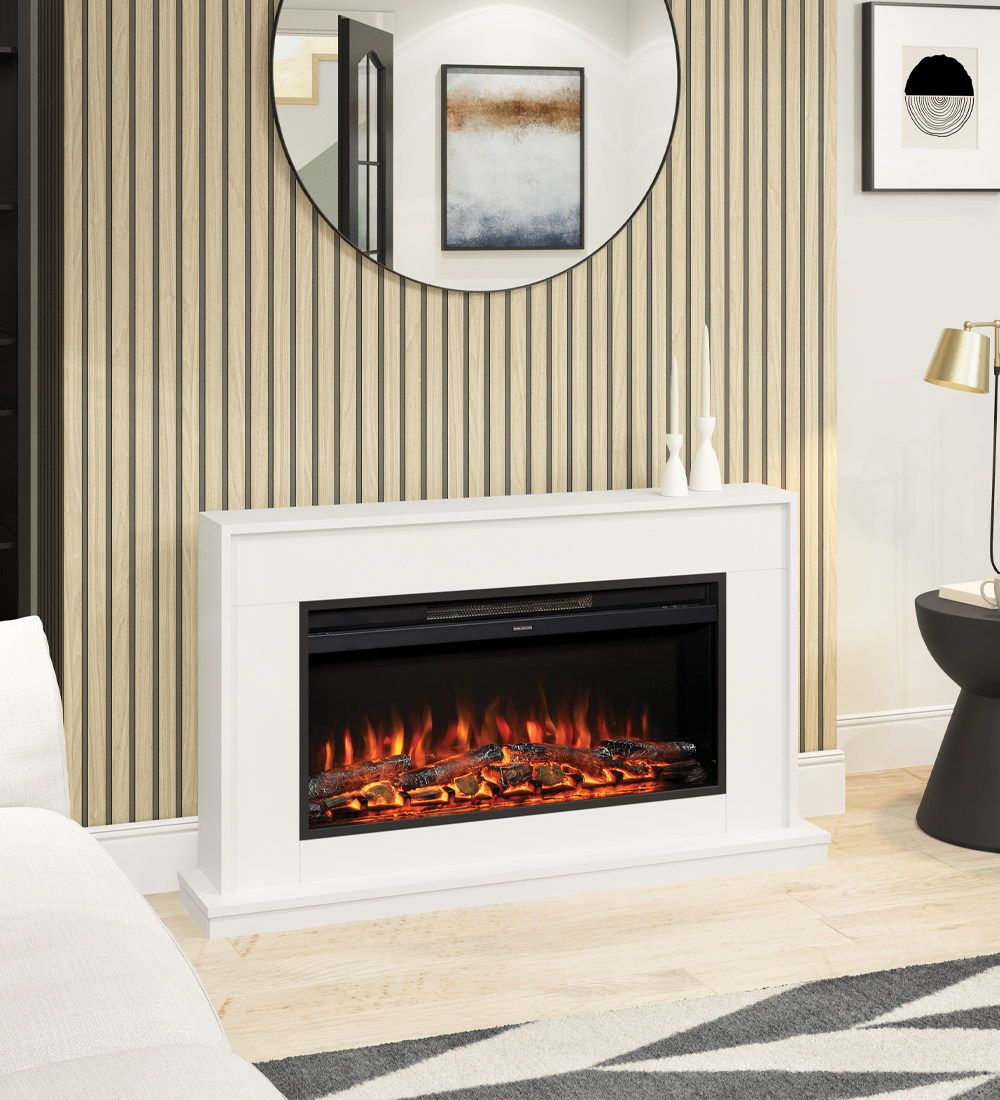 Salehurst Grande Electric Fireplace Suite - SHown on a light acoustic wood panelled wall in a light and airy living room.