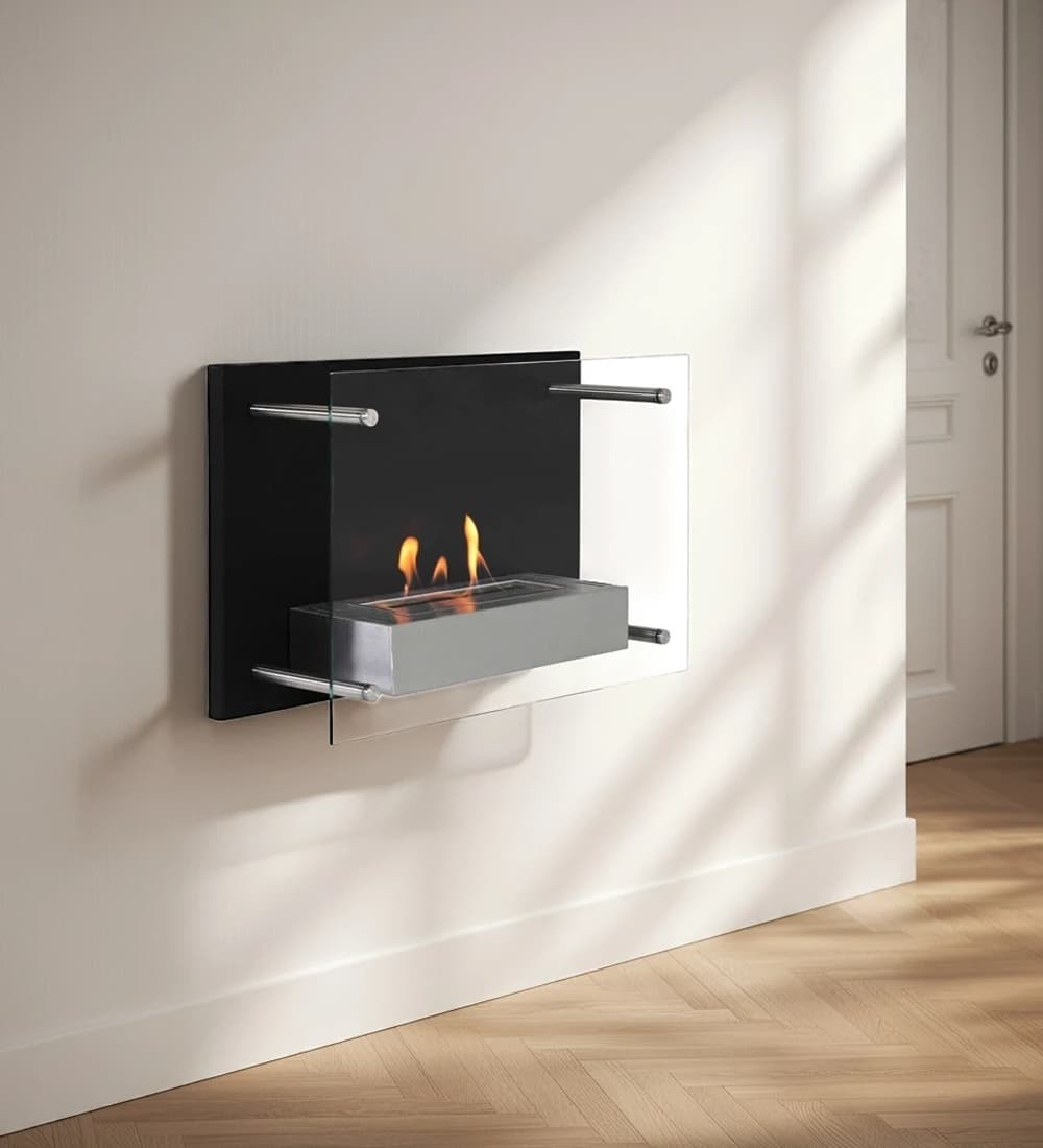 ScandiFlames Nevada Wall Mounted Bioethanol Fire shown on a white wall with light wood flooring.