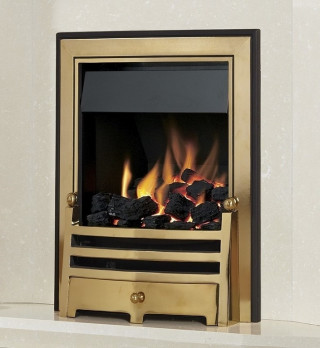 Verine Orbis Plus High Efficiency Gas Fire. Ultimo trim in gold and black. Bauhaus fret in gold. 