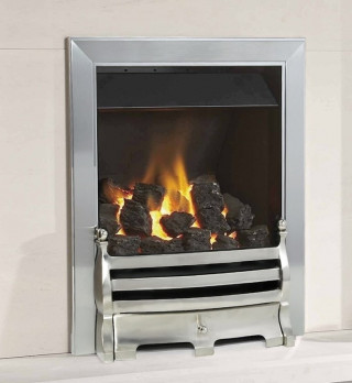 Verine Orbis Gas Fire. Signature trim in satin silver and chrome. Daisy fret in satin silver and chrome. 