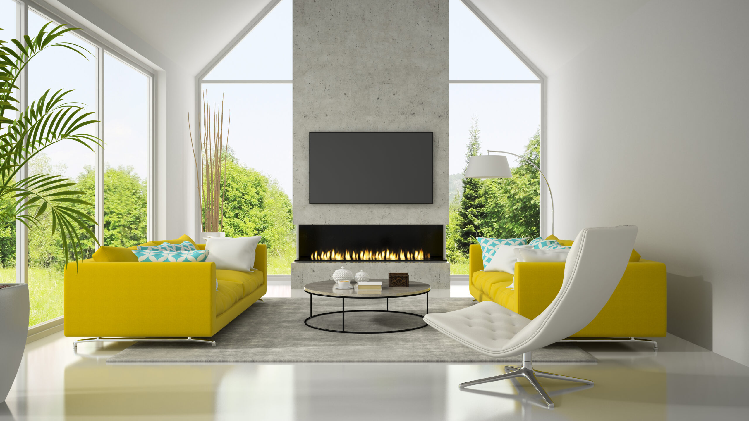 Interior with yellow sofas and fireplace 3D rendering
