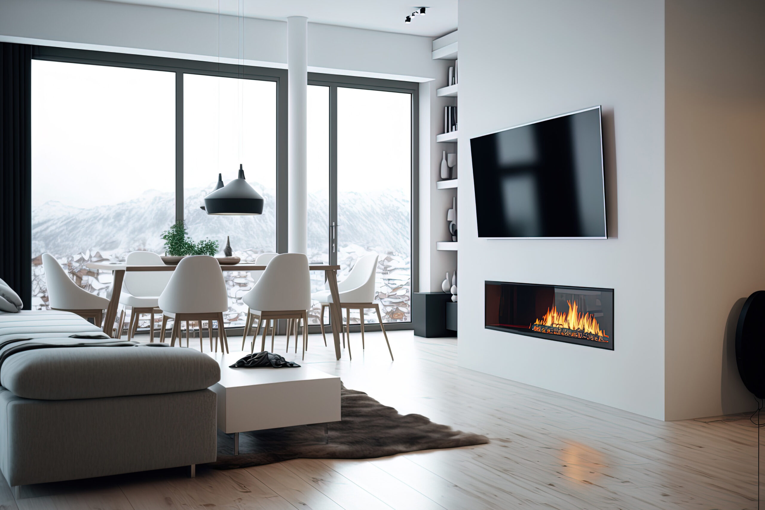 Interior of a luxurious apartment. comfortable seat and fireplace in the living area. large picture window. TV mounted on the wall. Generative AI